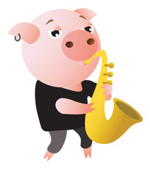 A funny pig plays saxophone. Male.  Musician. Vector illustration.  Isolated on transparent background.  Excellent for the design of postcards, posters, stickers and so on.