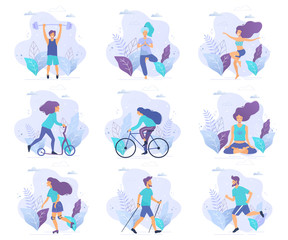 Healthy lifestyle. Different physical activities: running, roller skates, bodybuilding, yoga, fitness, scooter, nordic walking. Flat vector illustration. - 245609815