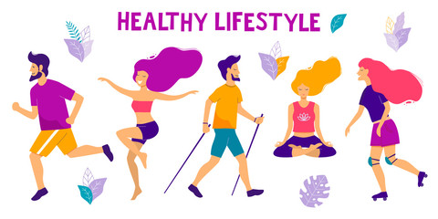Healthy lifestyle. Different physical activities: running, roller skates, dancing,  yoga, scooter, nordic walking. Flat vector illustration.