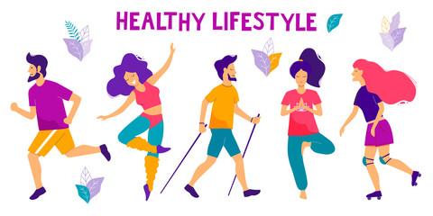 Fototapeta na wymiar Healthy lifestyle. Different physical activities: running, roller skates, yoga, fitness, scooter, nordic walking. Flat vector illustration.