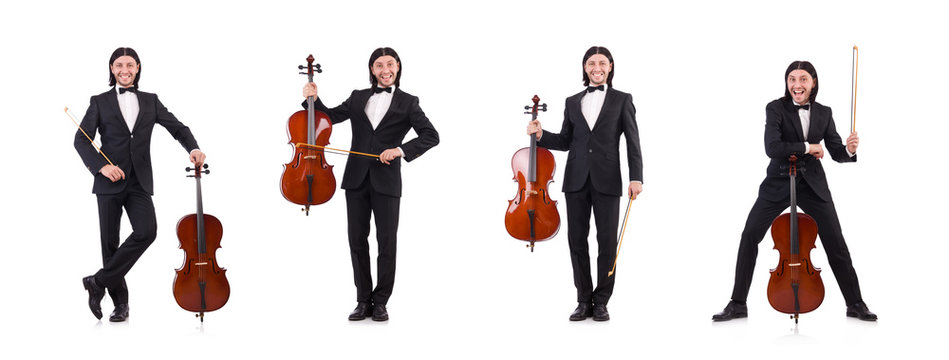 Funny man with music instrument on white