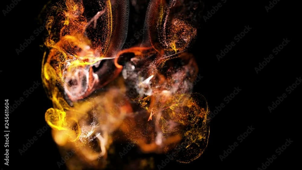 Poster 4k background, animation of complex particles simulation advection with turbulence streams, twirl and curl in viscous fluid in slow motion with deph of filed as alpha channel luma matte. fire color 23