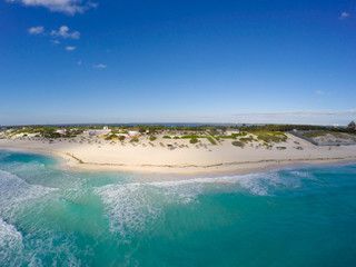 Obraz premium Playa Delfines, Cancun, Mexico. Aerial view on beach and coast of Caribbean sea against blue sky. Top view