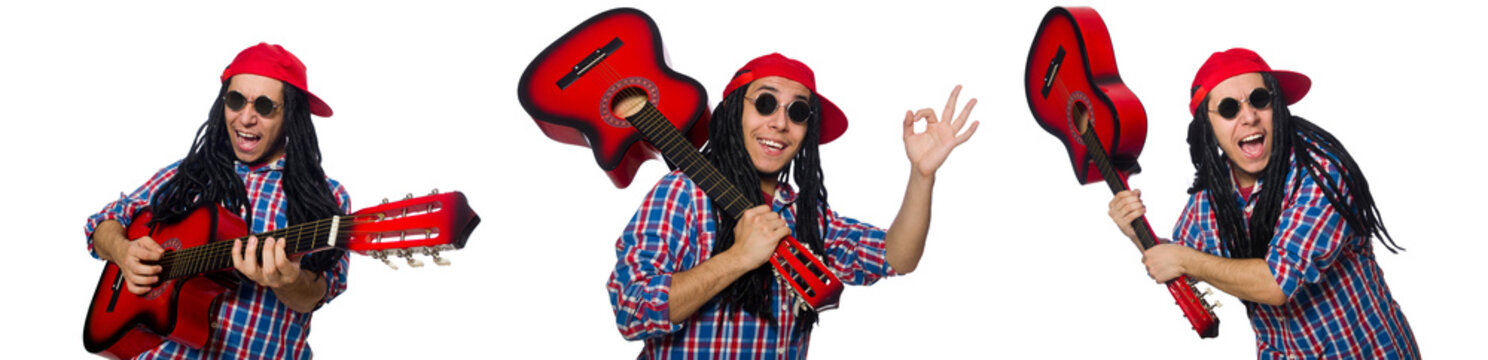 Man with dreadlocks holding guitar isolated on white
