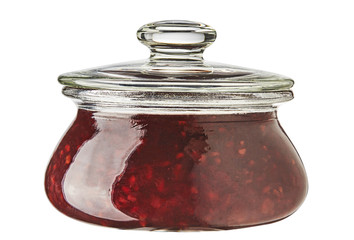 Strawberry jam jar isolated on white background.