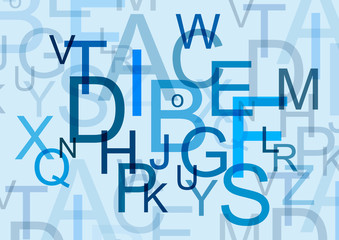 abstract arrangement of letters of the English alphabet of blue color of different shades