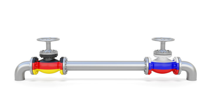 Pipe line and valves (faucets) with national flags of Russia and Germany. Transportation or delivery of natural gas or petroleum on pipeline between supplier and importer