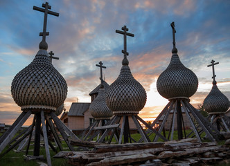 view of wooden domes in the village of Varzuga, Murmansk region