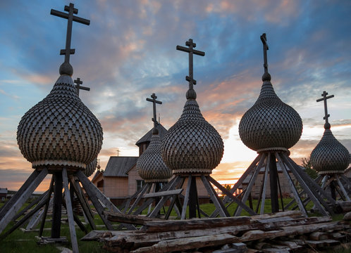 view of wooden domes in the village of Varzuga, Murmansk region