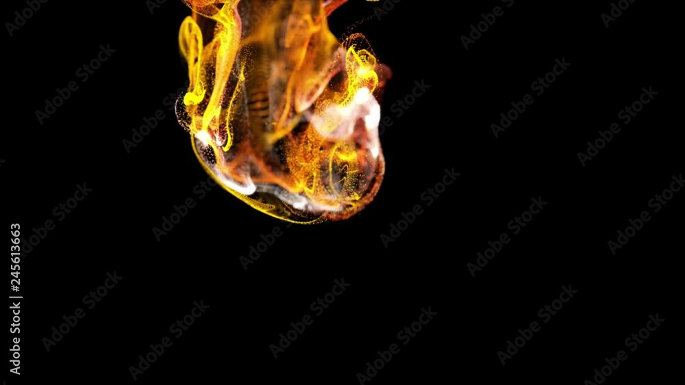 Poster 4k background, animation of complex particles simulation advection with turbulence streams, twirl and curl in viscous fluid in slow motion with deph of filed as alpha channel luma matte. fire color 27
