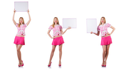 Blonde girl in pink with poster isolated on white