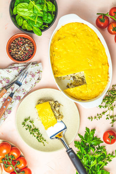 Gratin, or casserole from baked mushroom with chicken and cheese