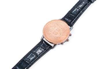 bitcoin coin on wrist watch