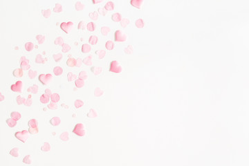 Valentine's Day background. Pink hearts on white background. Valentines day concept. Flat lay, top...