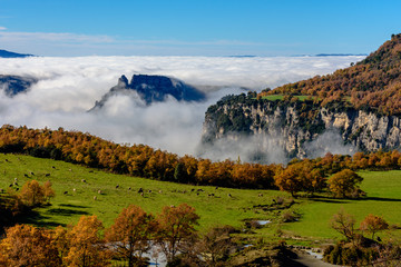 The Collsacabra Mountains (A sunny day with mist in the valleys) Catalonia, Spain.