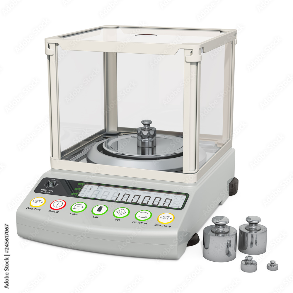Poster analytical balance, digital lab scale with set calibration weight. 3d rendering