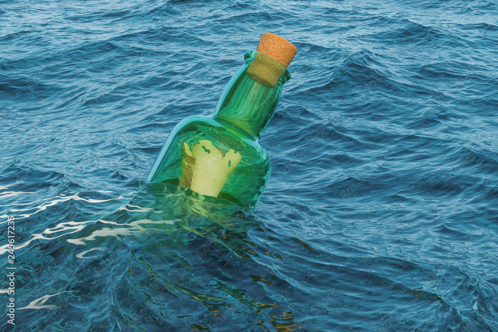 Poster message in a bottle floating in water, 3d rendering