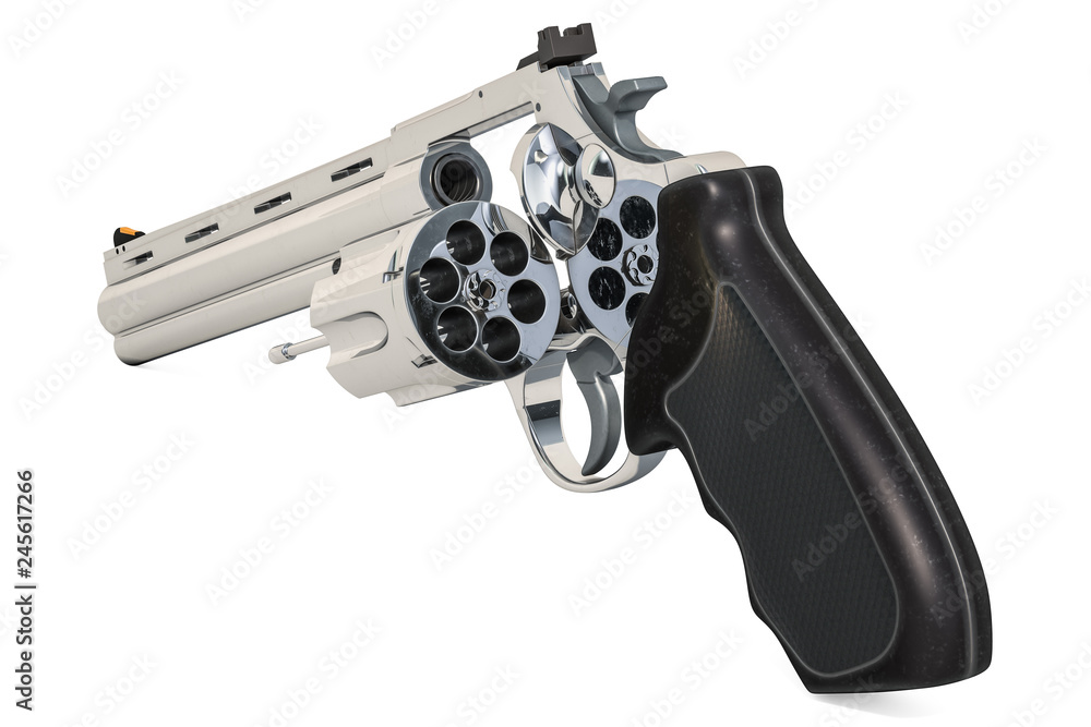 Poster revolver with opened empty cylinder, 3d rendering