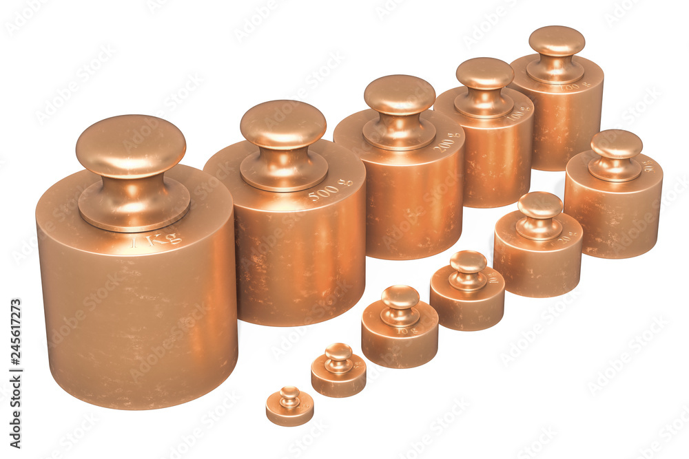 Poster scale calibration weights from brass, 3d rendering