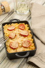 Baked macaroni and cheese. Casserole dish with baked macaroni and cheese 
