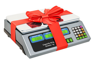 Price computing scale with bow and ribbon, gift concept. 3D rendering