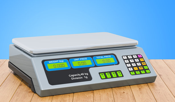 Price computing scale on the wooden table, 3D rendering