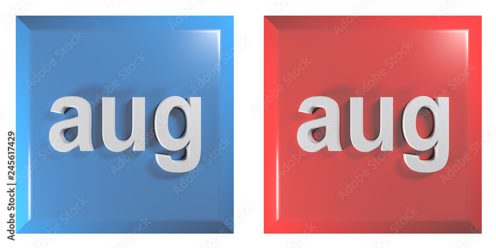 Poster blue and red couple of square push buttons august - 3d rendering illustration