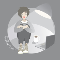 Young hipster girl with cup of coffee and laptop. Cartoon illustration.