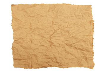 Crumpled brown kraft paper with torn edges. White isolate