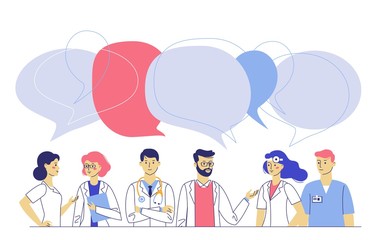 Medicine team concept with different doctors in hospital. Practitioner doctors young man and woman group and speech bubbles. Consultation and diagnosis.