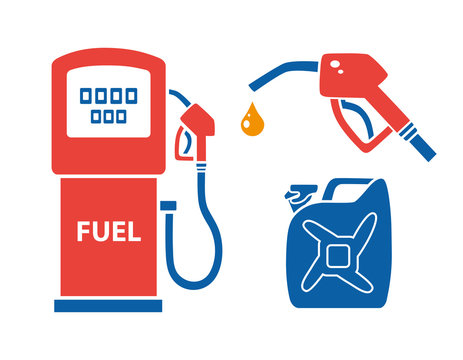 Gas pump, nozzle with fuel drop, petrol jerry can. Filling station icons.
