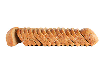 A loaf of rye bread with sunflower seeds sliced to toast. White isolate