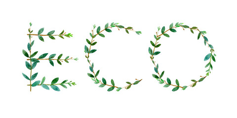 Eco.Floral text of a eucalyptus branches.Postcard.watercolor hand drawn illustration.White background.