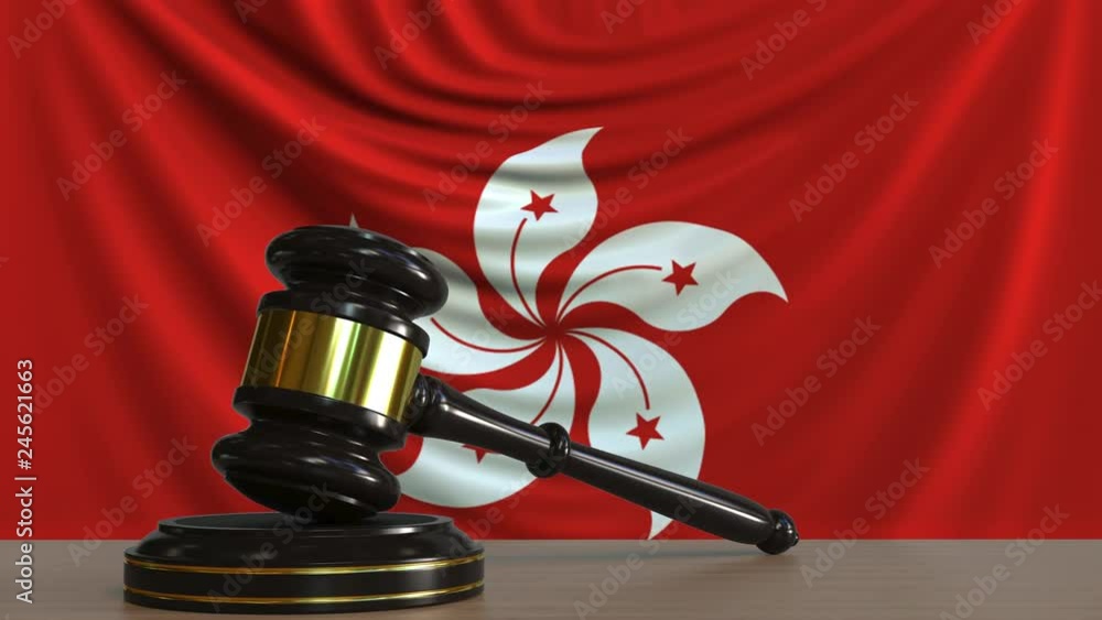 Poster judge's gavel and block against the flag of hong kong. court conceptual animation