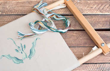 Embroidery canvas on a frame with threads