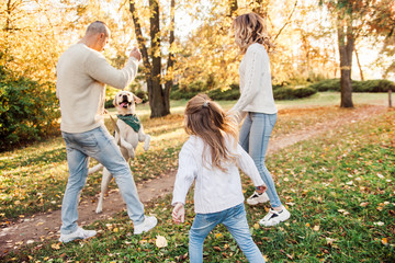 Happy family is having fun with dog labrador outdoors.