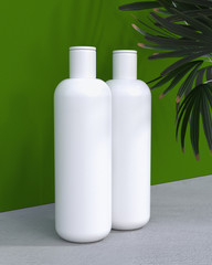 natural cosmetic cream or shampoo, serum, skincare blank bottle packaging with leaves herb. bio organic product. beauty and spa concept. 3d illustration