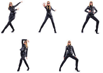 Dancing woman in black leather costume