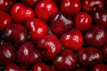 group of wet ripe red cherries
