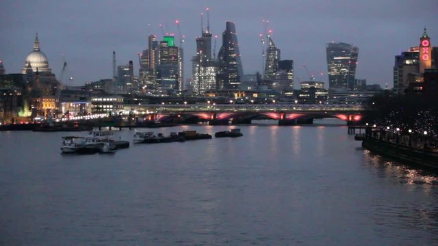 London, UK - Aug 20th 2019: London city cityscape skyline and financial district 'square mile' travel footage bridge view Thames river London, England, UK footage film video landmark stock