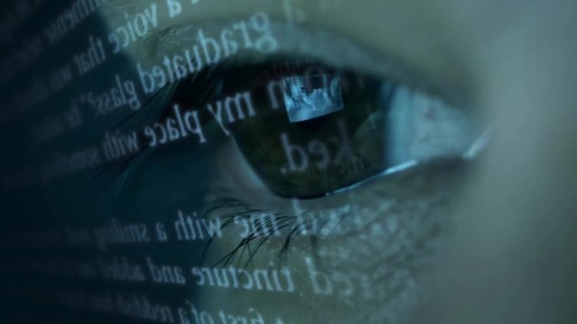 Man reading english text with futuristic hologram