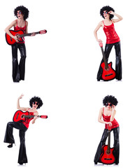 Woman in afro wig playing guitar 