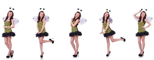 Young woman in bee costume isolated on white 