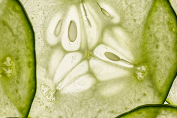 very thin slices of fresh cucumber on white background
