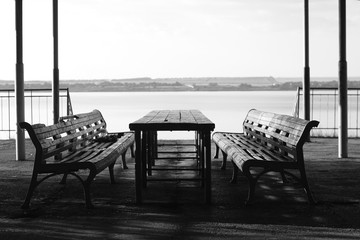 table and chairs on the beach