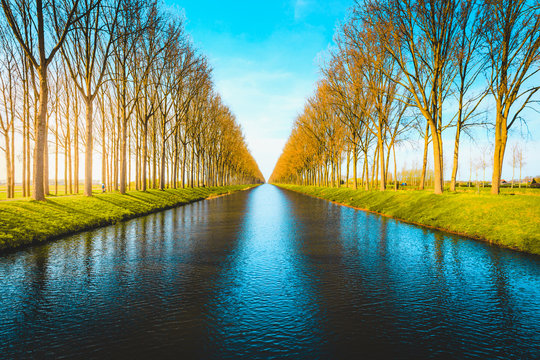 Panorama view of famous Damme Canal, Flanders, Belgium