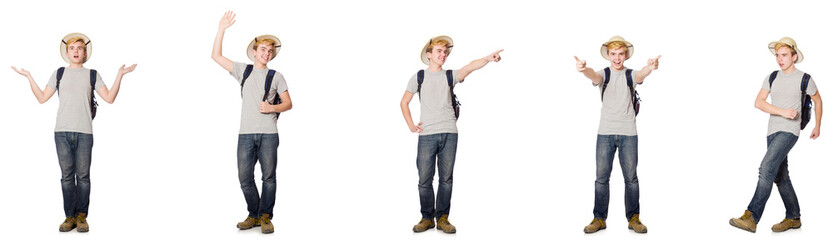 Young boy in cork helmet with backpack 