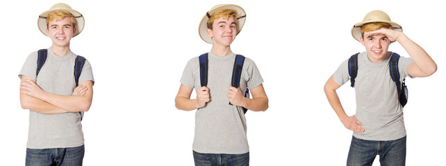 Young boy in cork helmet with backpack 