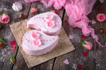 St. Valentine's Day, Mother's Day, Birthday Cake. A festive dessert in the shape of a heart.