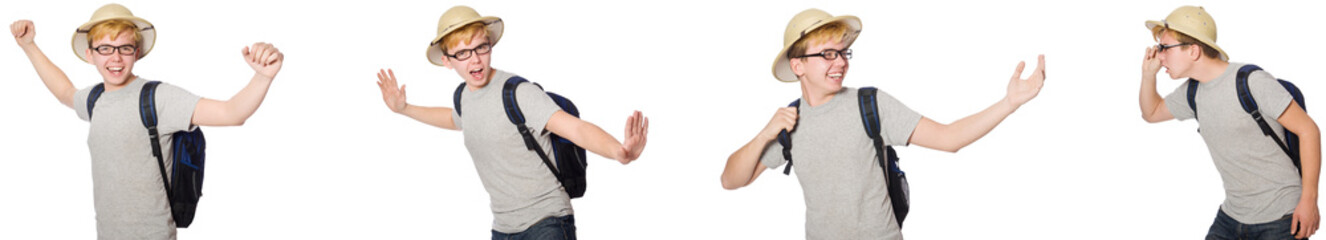 Young boy in cork helmet with backpack 